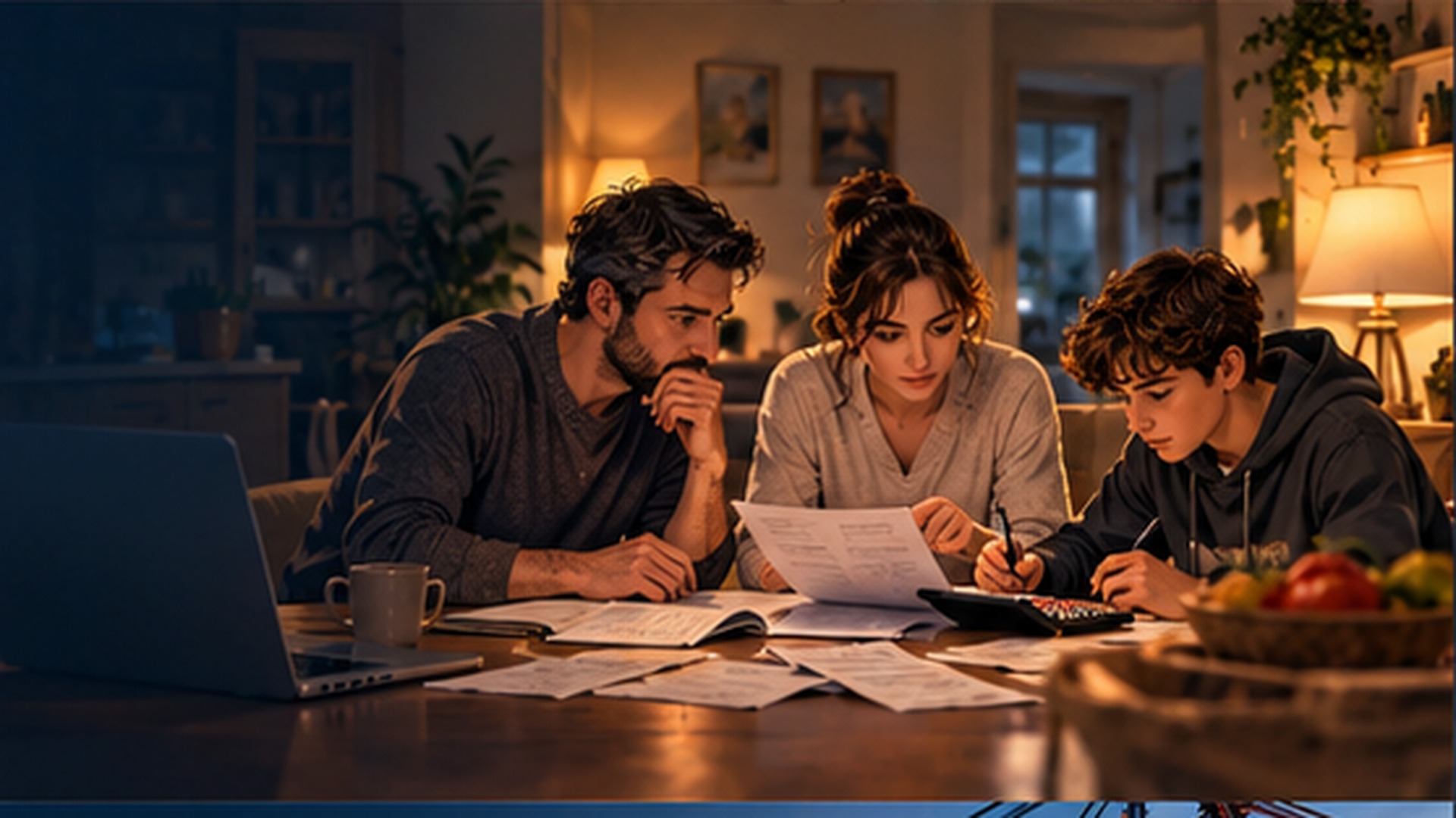 Ilustración anime de una familia planificando sus decisiones económicas