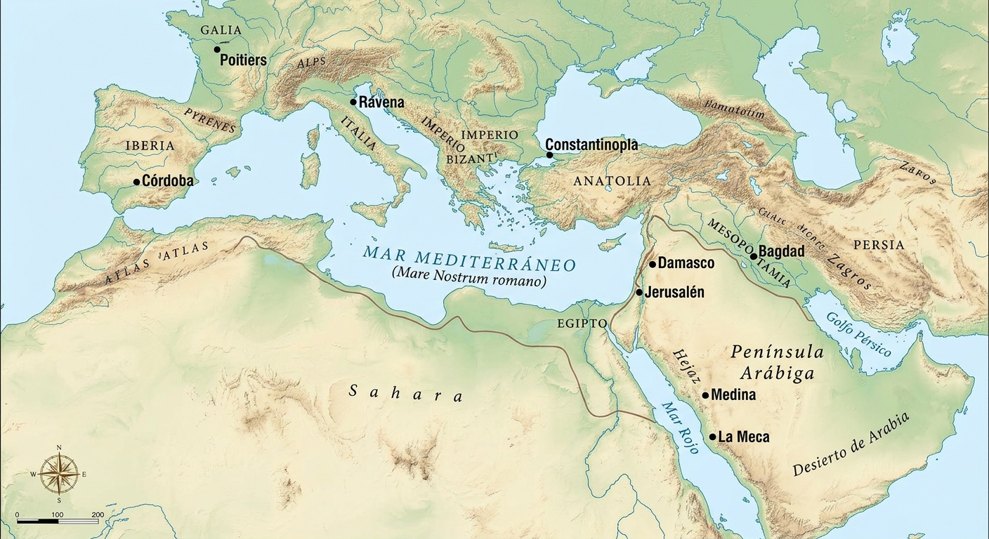 Mapa orientativo del Mediterráneo y Oriente Próximo con Poitiers, Rávena, Constantinopla, Córdoba, Damasco, Bagdad, Jerusalén, Medina y La Meca, el mar Mediterráneo, el mar Rojo y el golfo Pérsico.