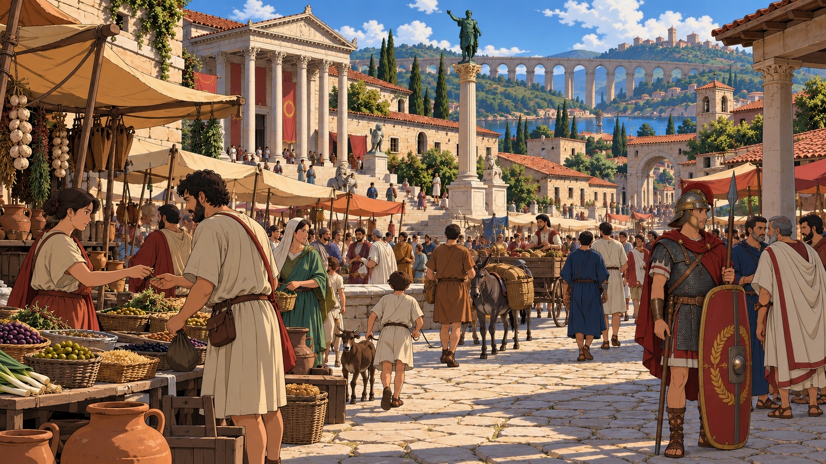 Ilustración anime de una ciudad del mundo romano