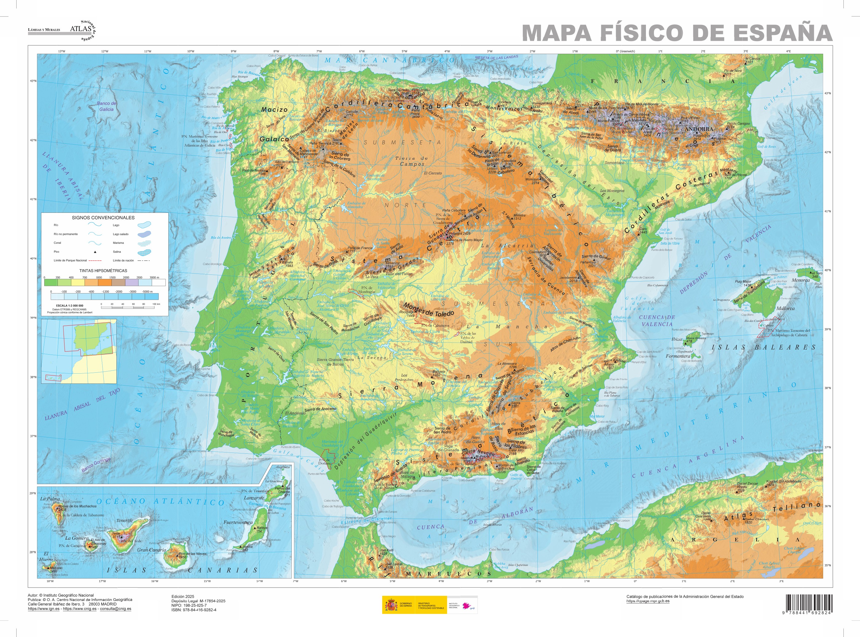 Mapa físico de España, Instituto Geográfico Nacional, edición 2025, escala 1:3.000.000