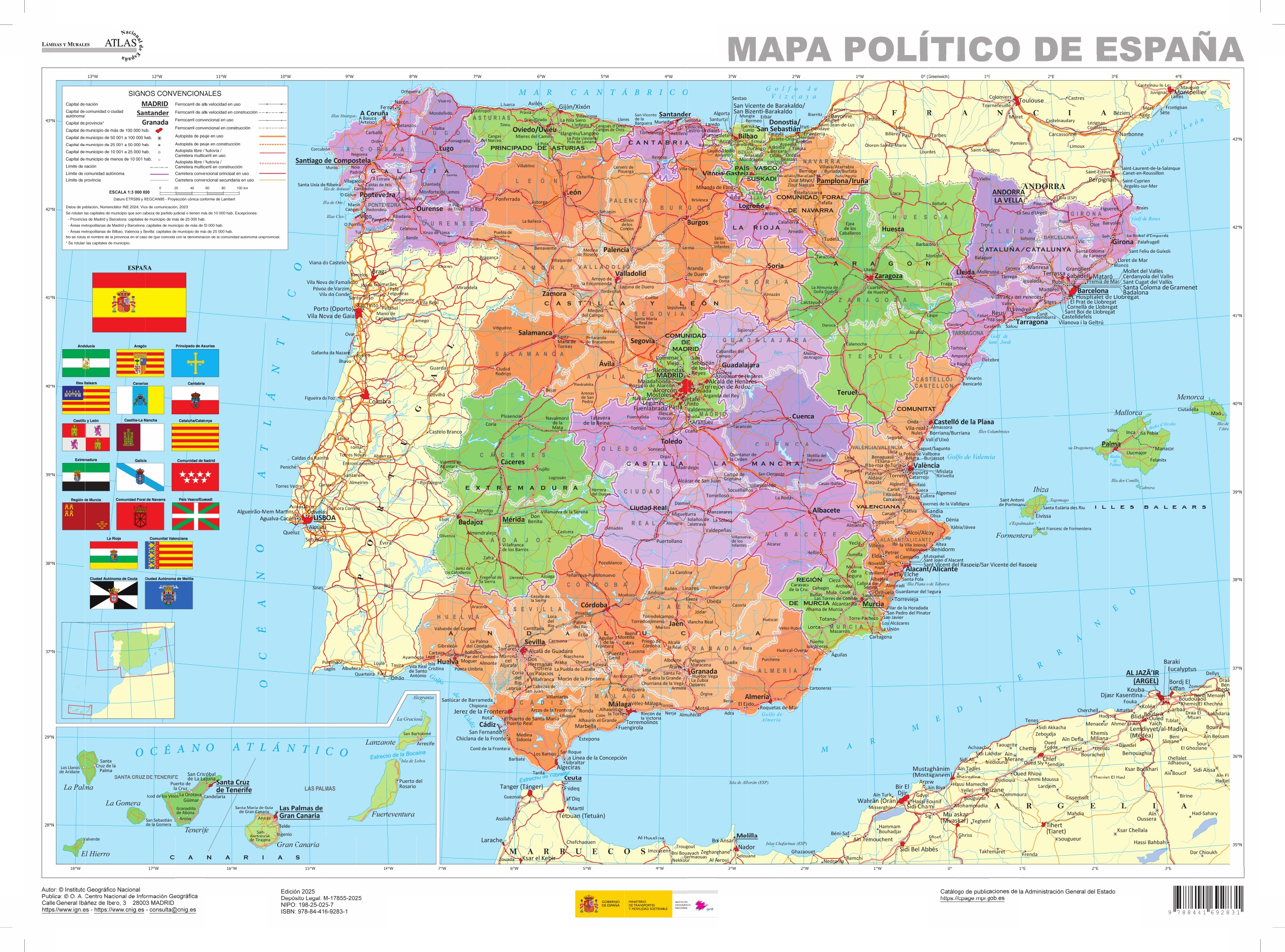 Mapa político de España, Instituto Geográfico Nacional, edición 2025, escala 1:3.000.000